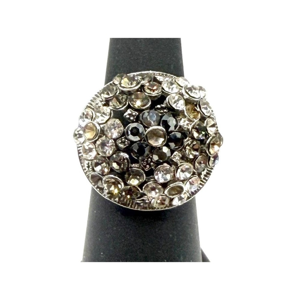 Silver Tone Dome Cocktail Ring Black Gray Clear Stones Size 5.75